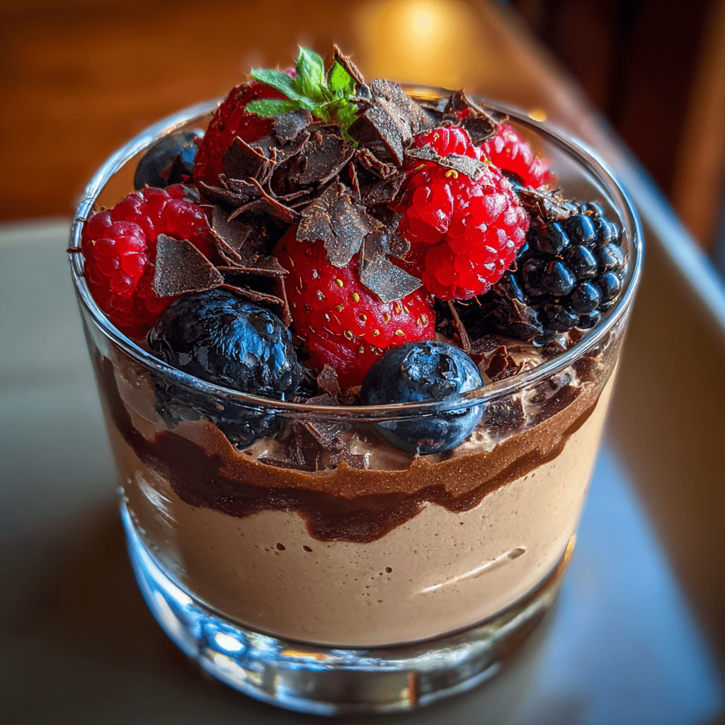 Chocolate cottage cheese mousse in glass with berries