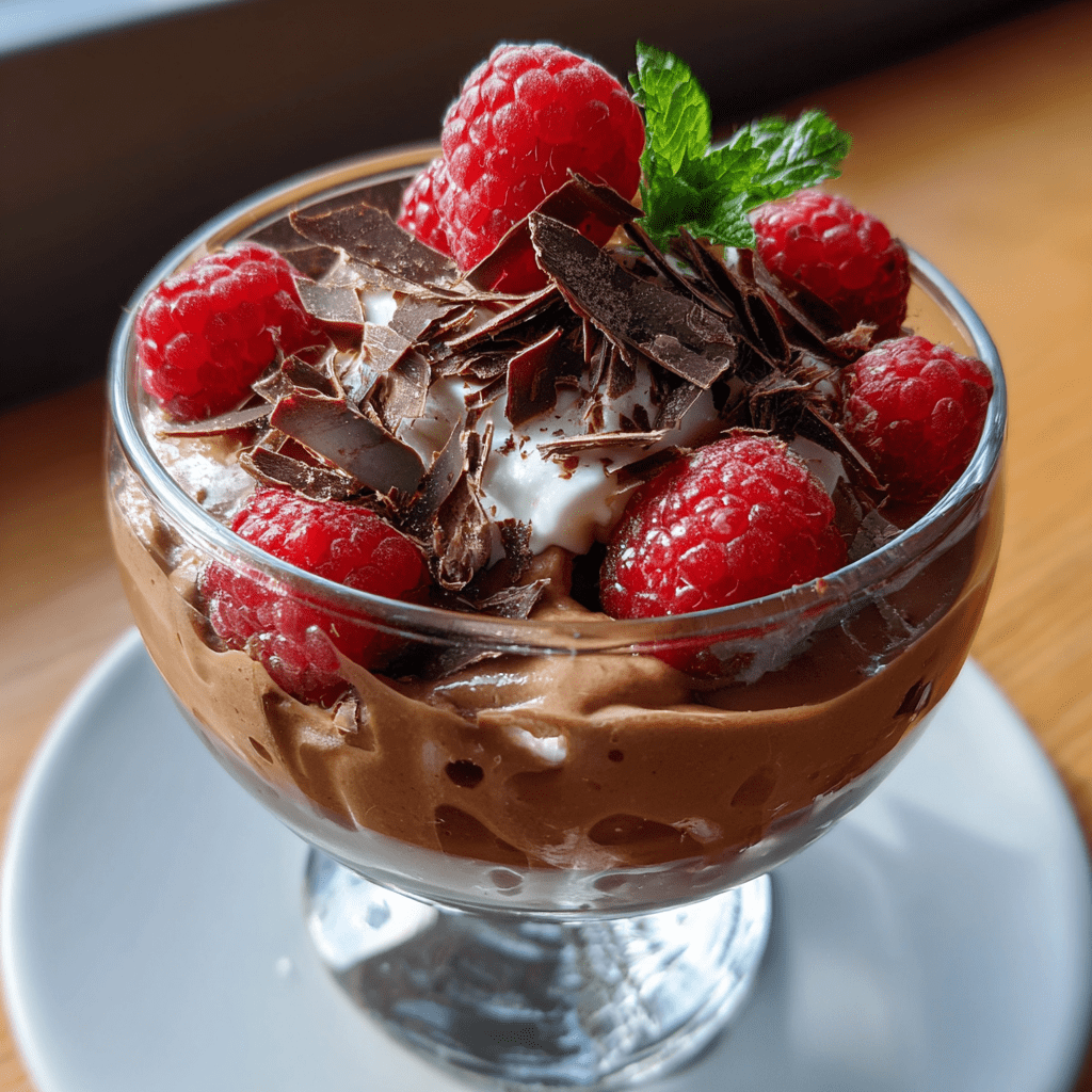 Cottage cheese chocolate mousse topped with raspberries in a dessert bowl